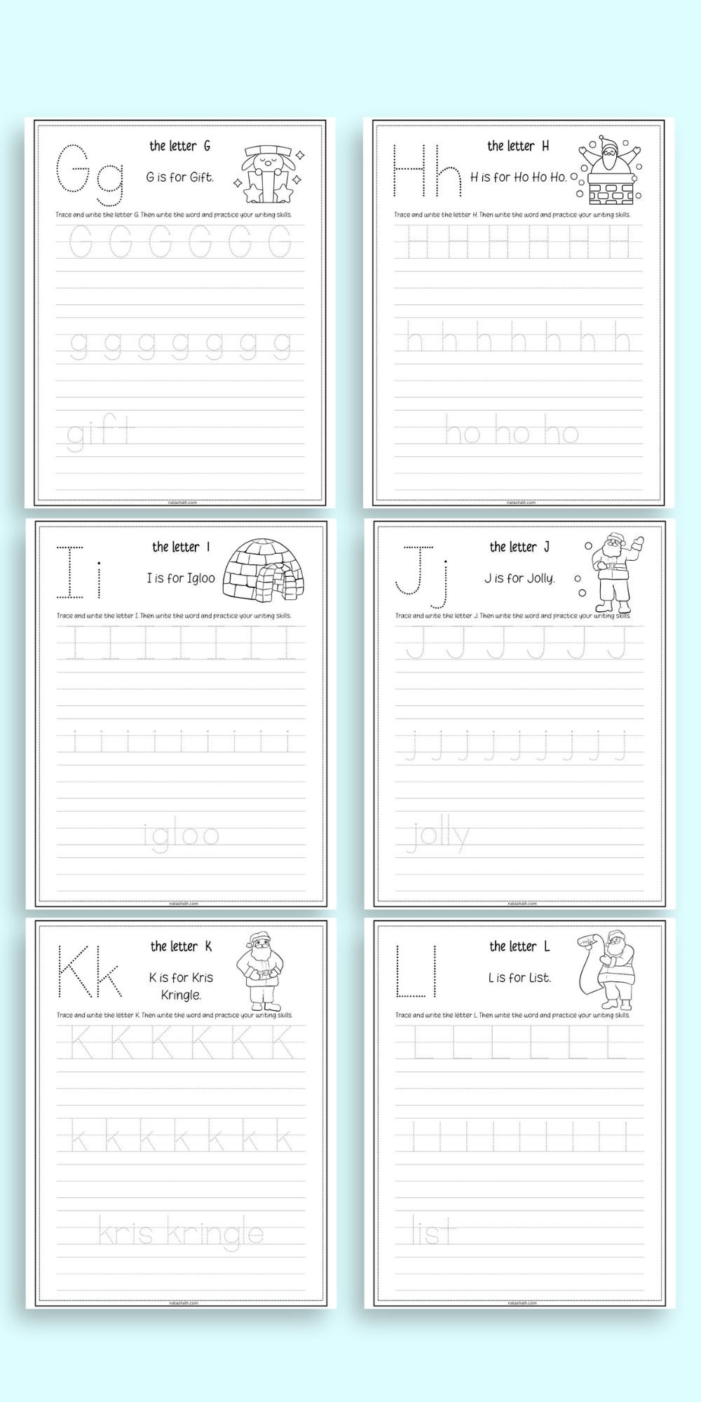 six christmas themed handwriting worksheets with letters and words to trace. pages shown include g-l