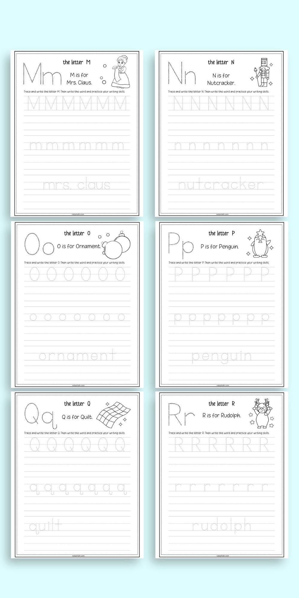 six christmas themed handwriting worksheets with letters and words to trace. pages shown include m-r