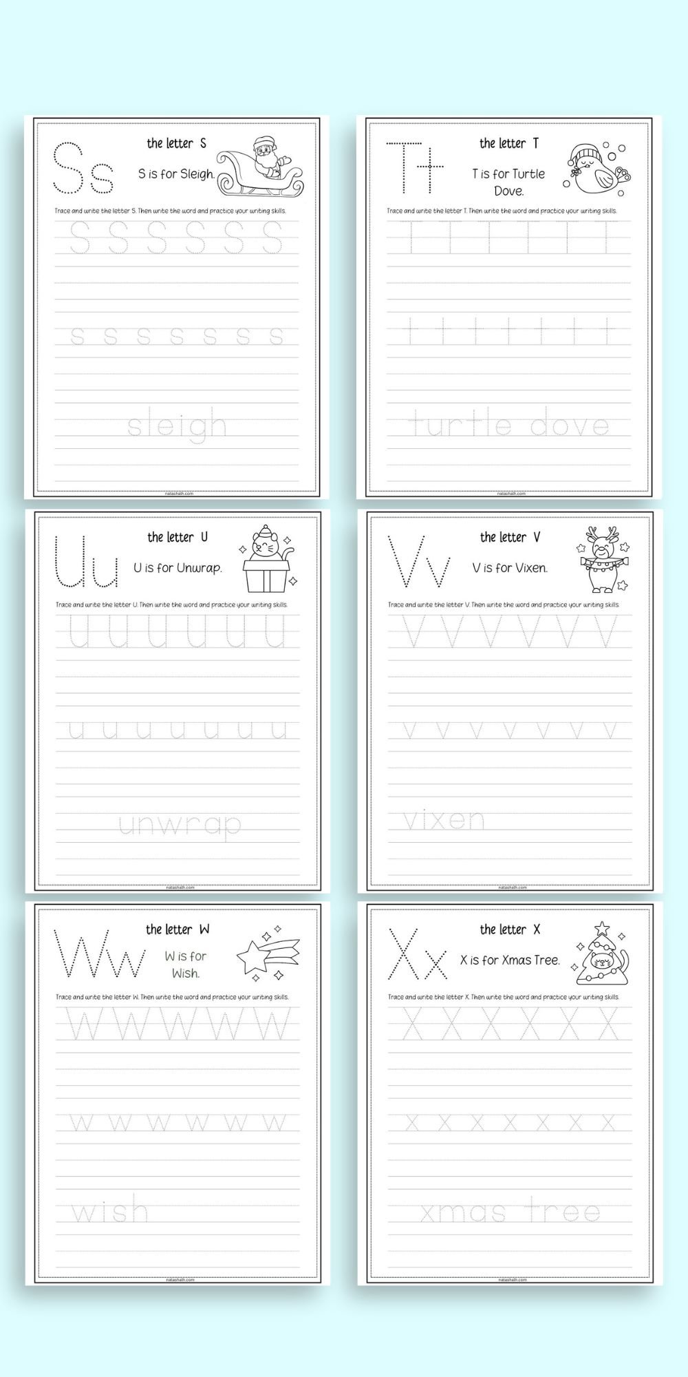six christmas themed handwriting worksheets with letters and words to trace. pages shown include s-x
