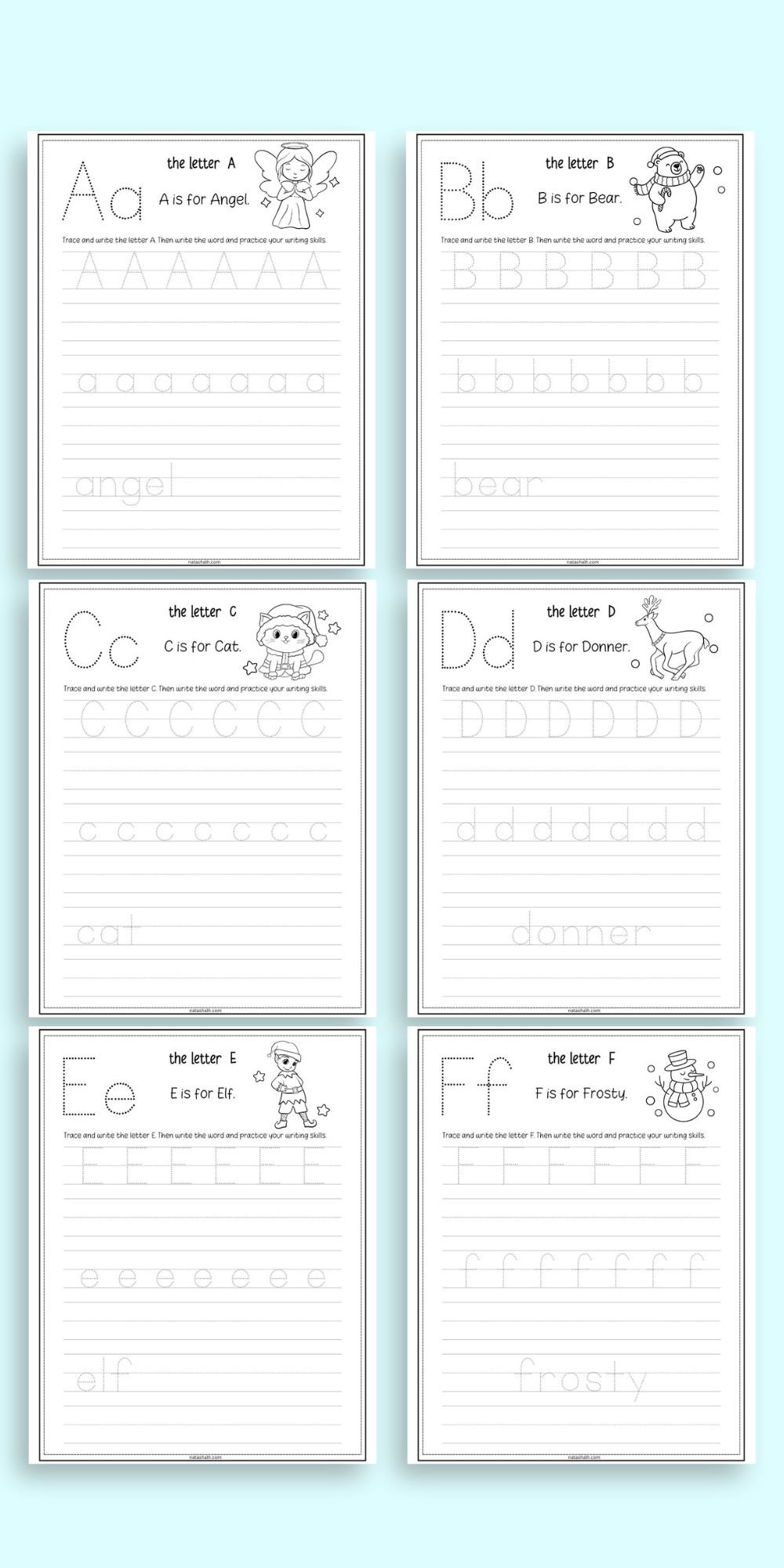 six christmas themed handwriting worksheets with letters and words to trace. pages shown include a-f