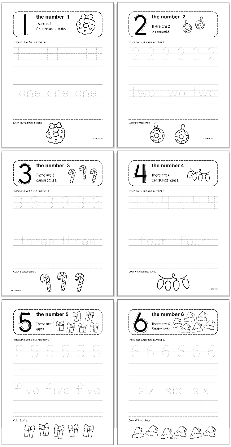 number tracing pages 1-6 with a Christmas theme and numbers to trace