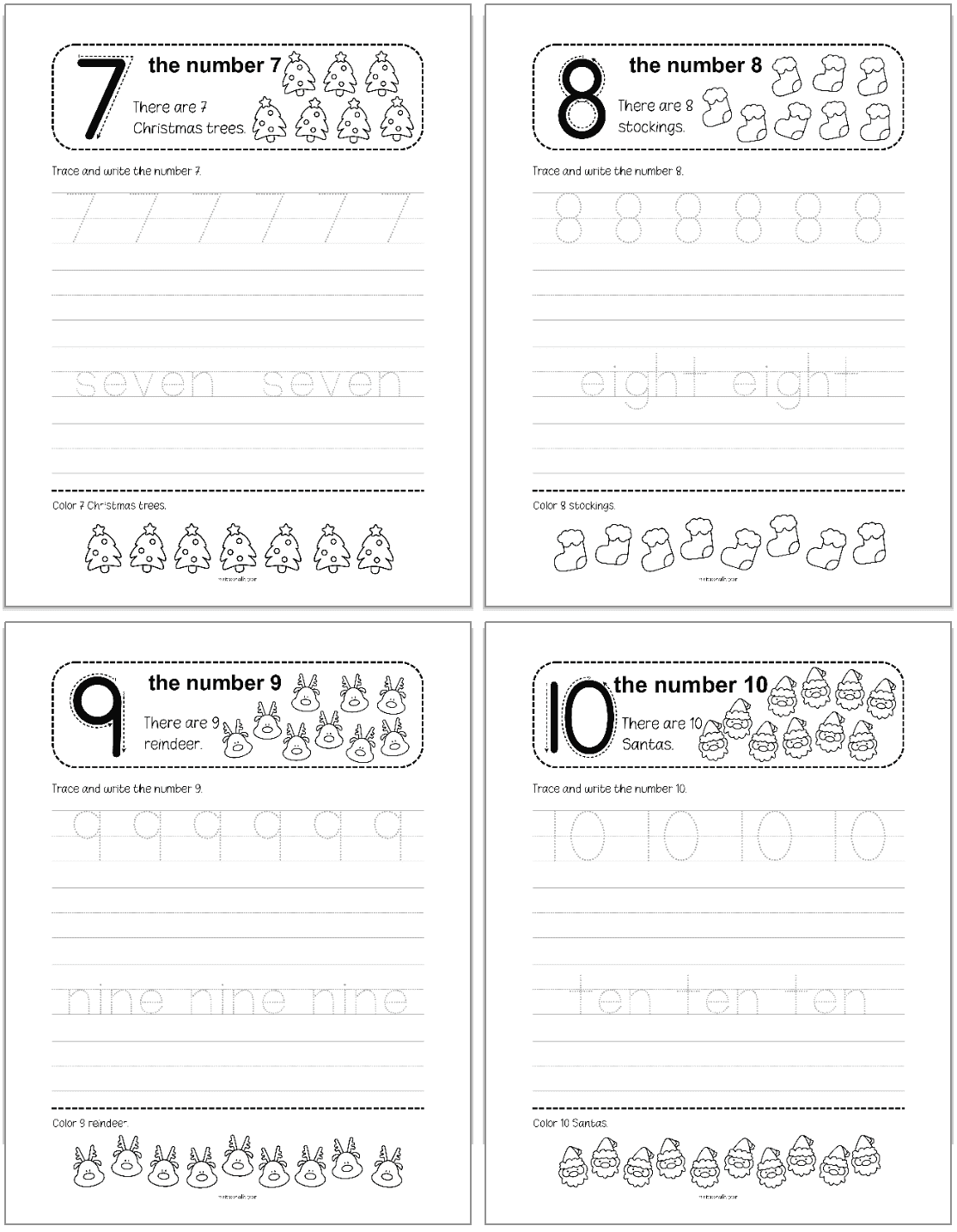 Christmas themed number tracing pages 7-10