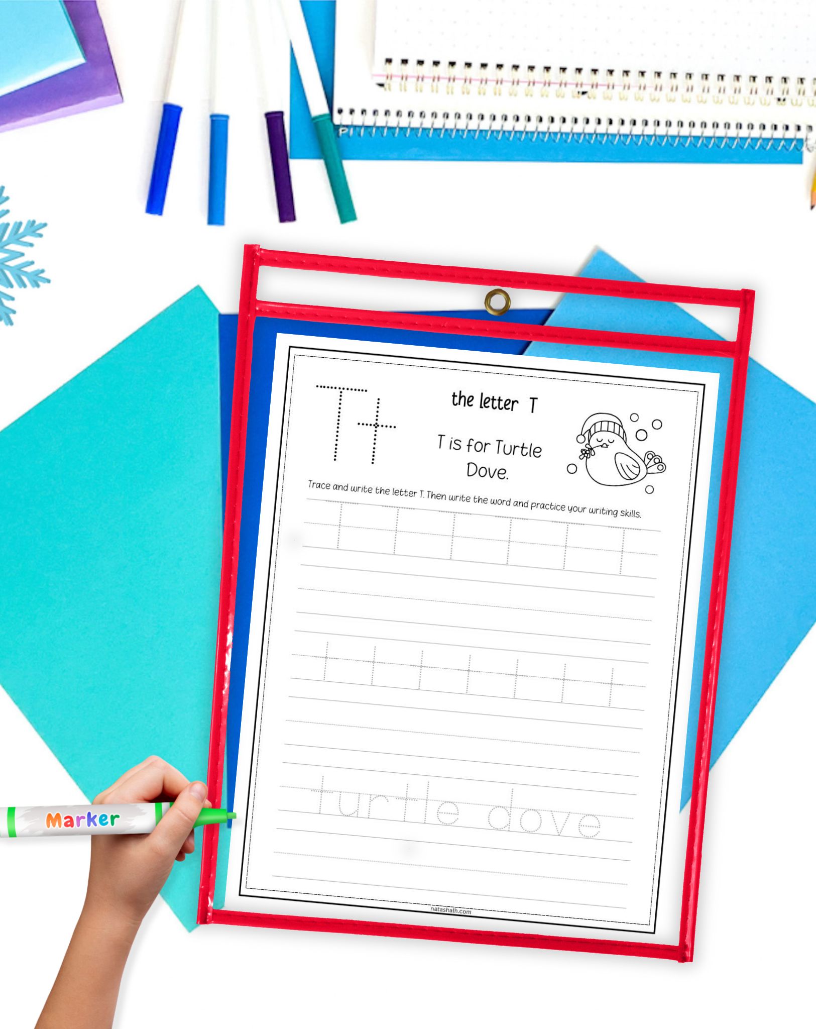 christmas themed alphabet handwriting worksheet in a dry erase pocket