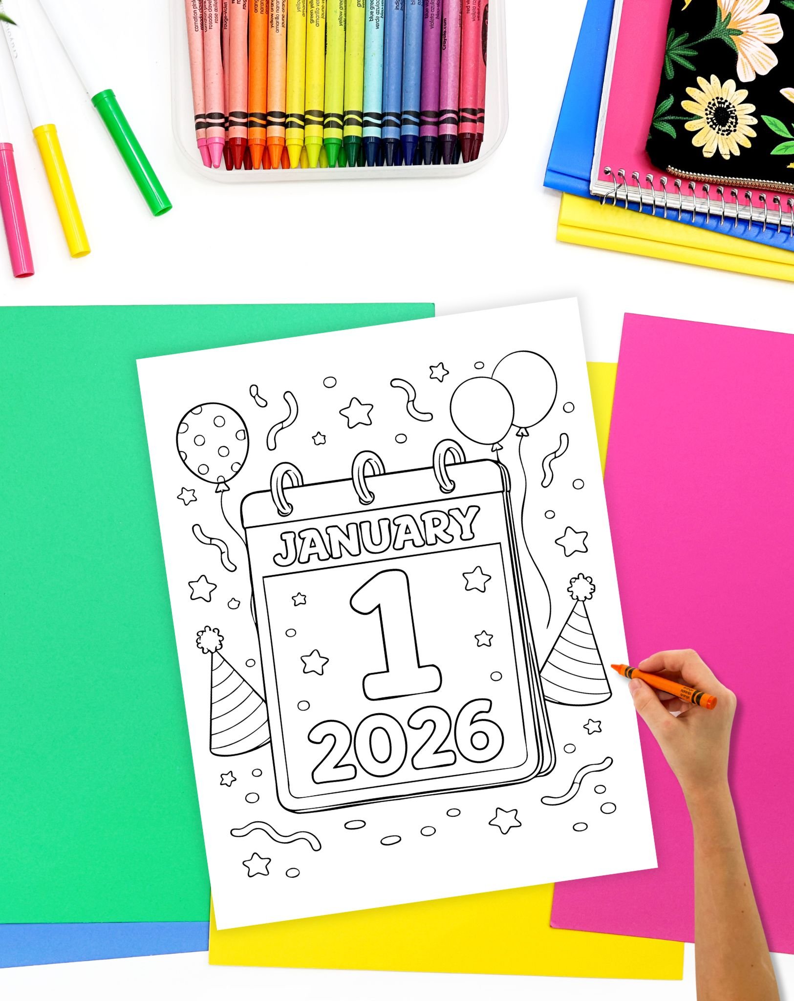 coloring a January 1 2026 calendar page coloring sheet
