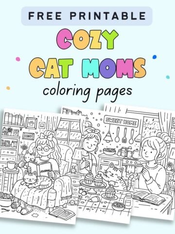 text "free printable cozy cat moms coloring pages" with a preview of three bold and easy style coy coloring pages featuring cats
