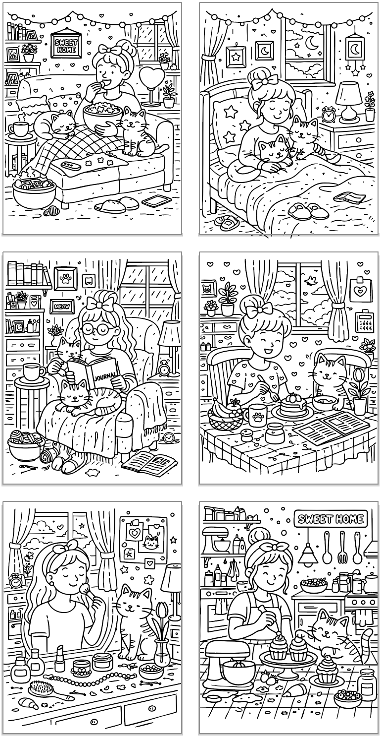 six bold and easy style coloring pages showing cute cats and cat moms