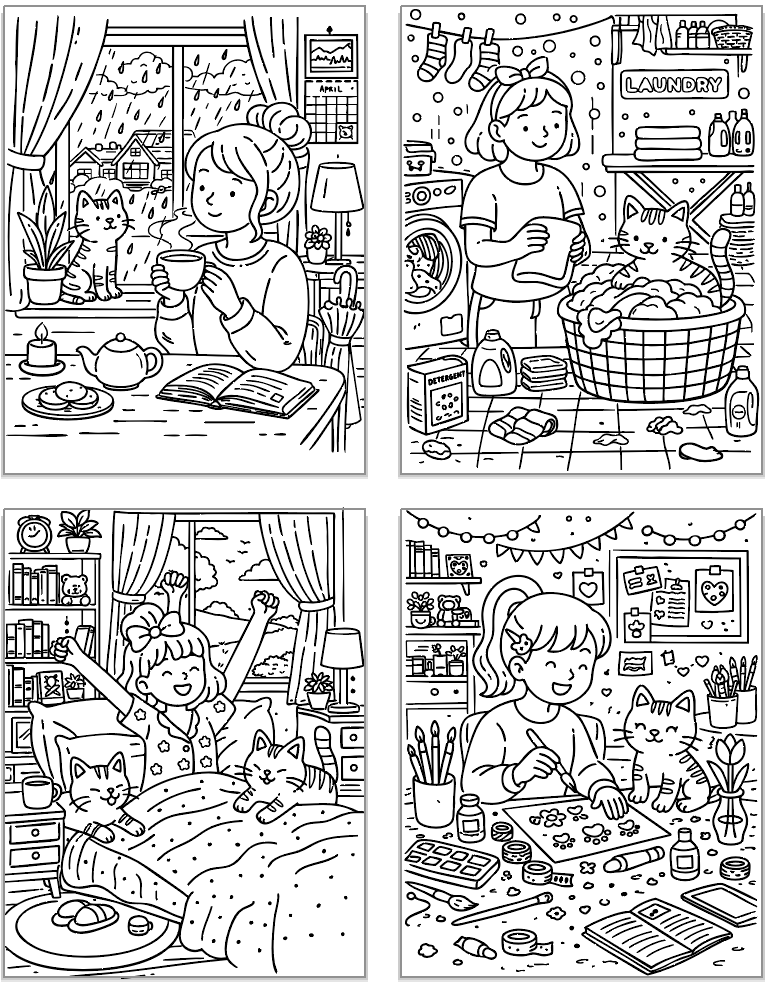 four bold and easy style coloring pages showing cute cats and cat moms