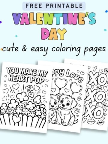 text "free printable Valentine's Day cute and easy coloring pages" with a preview of three coloring pages with bold easy designs for kids