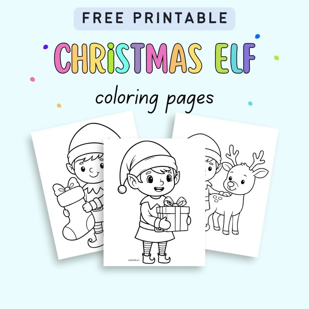 text "free printabel christmas elf coloring pages" with a preview of three easy Christmas elf coloring sheets