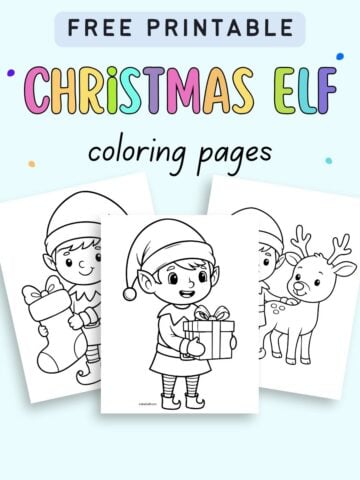 text "free printabel christmas elf coloring pages" with a preview of three easy Christmas elf coloring sheets