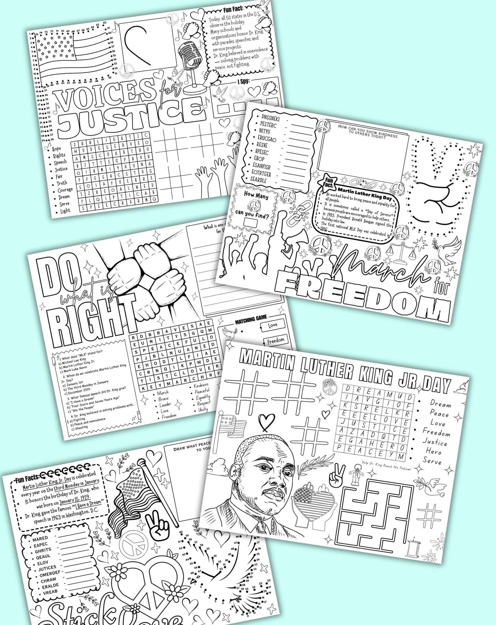 five activity sheet placemats for MLK Jr Day on a light blue background