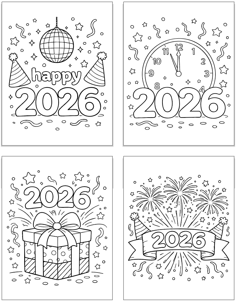 four bold and easy style coloring pages for 2026