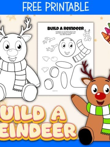 text "free printable build a reindeer" with preview images of a cut and paste reindeer craft