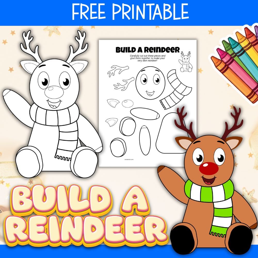 text "free printable build a reindeer" with preview images of a cut and paste reindeer craft