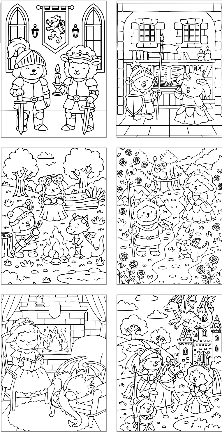 six bold and easy style coloring pages featuring animals dressed as knights and princesses