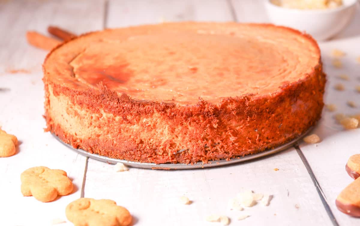 A gingersnap cheesecake with a golden-brown crust is displayed on a white wooden surface, surrounded by gingerbread cookies, representing a festive dessert ideal for Christmas and holiday baking recipes.