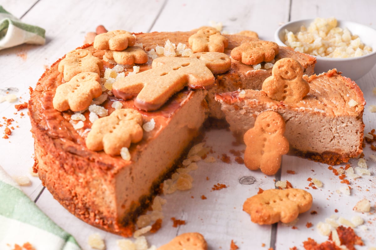 Sliced gingerbread peanut butter cheesecake
