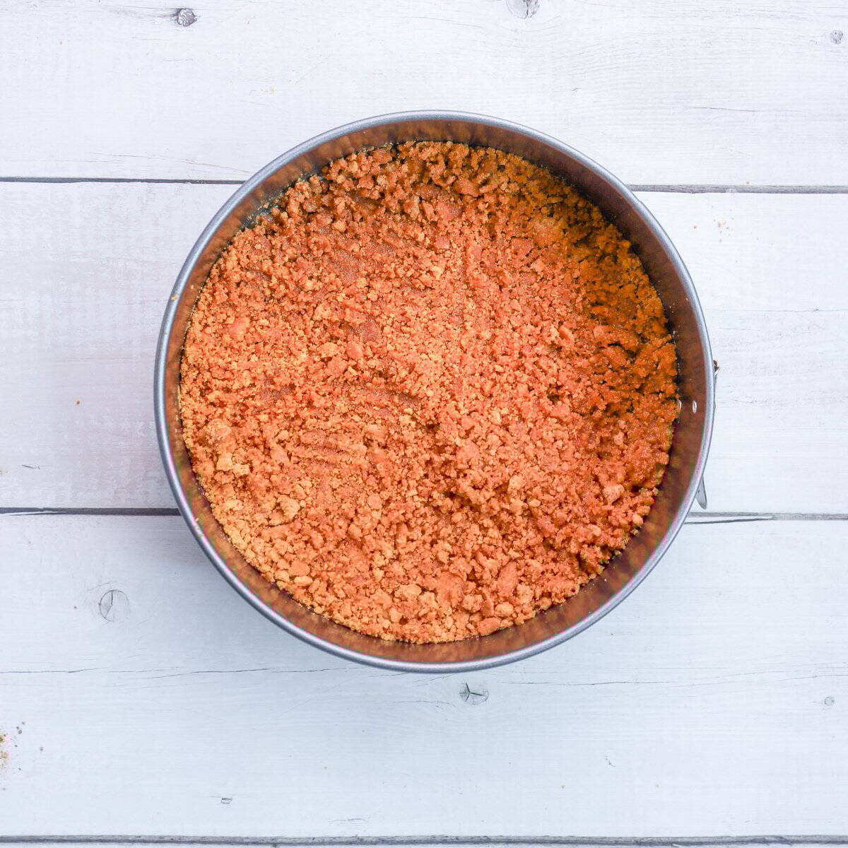 A round baking pan contains a finely crushed gingersnap crust, ideal for a gingerbread cheesecake or other holiday baking recipes.