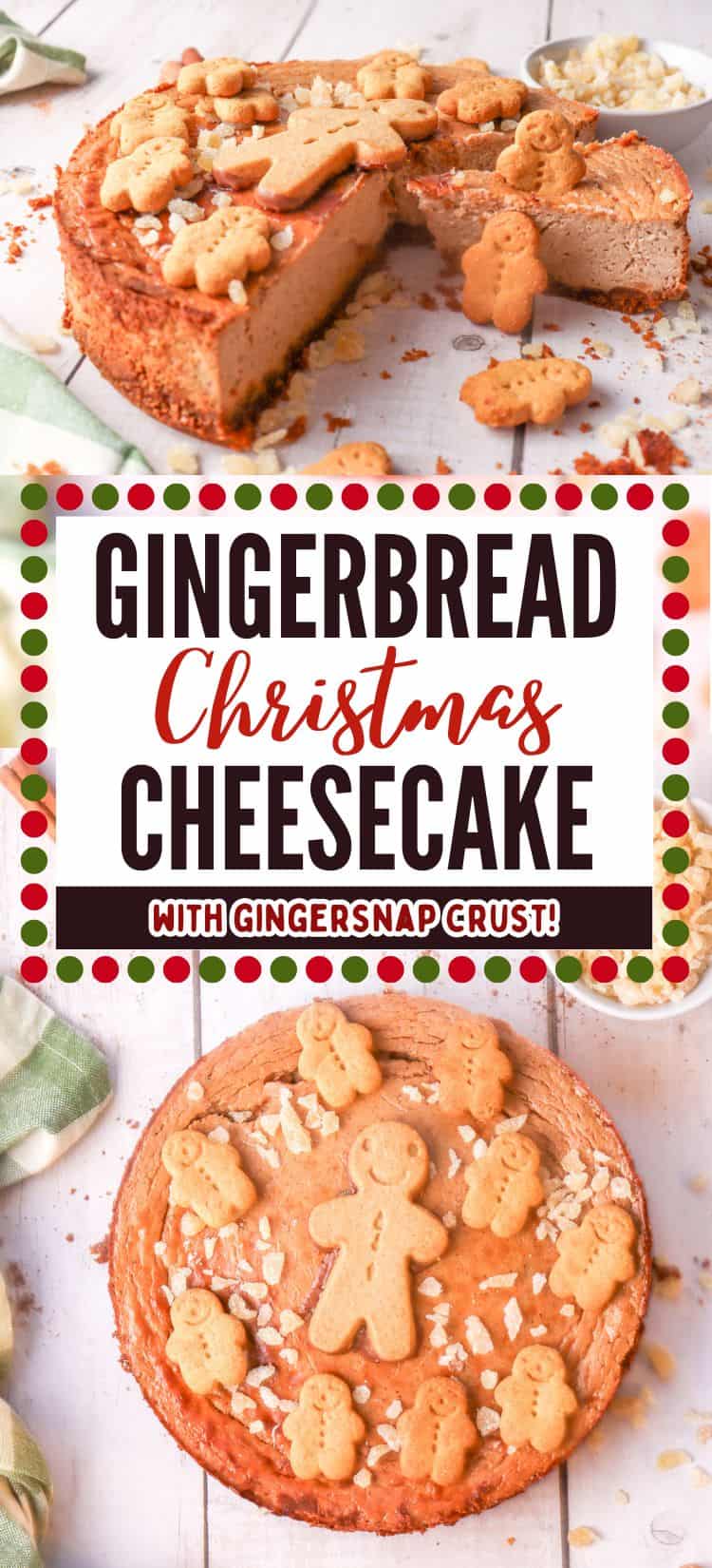 A gingerbread cheesecake with a gingersnap crust is topped with mini gingerbread cookies and sugar decorations, presented on a light wooden surface, ideal for holiday baking recipes.