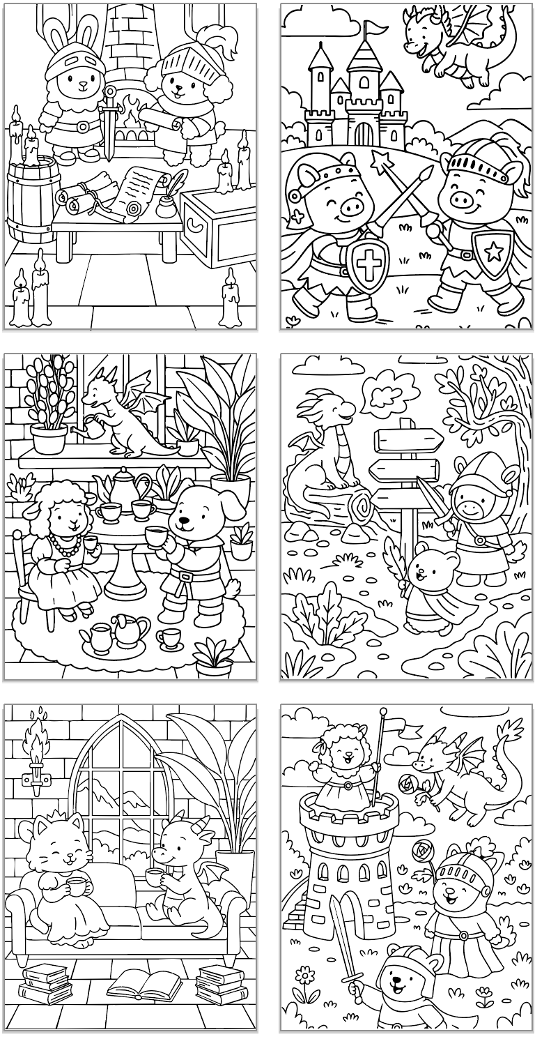 six coloring pages in the fuzzy hygge style showing animals dressed as knights and princesses 