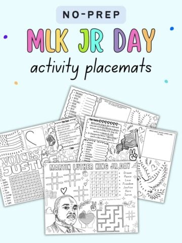 text "no prep mlk jr day activity placemats" with a preview of four activity sheets