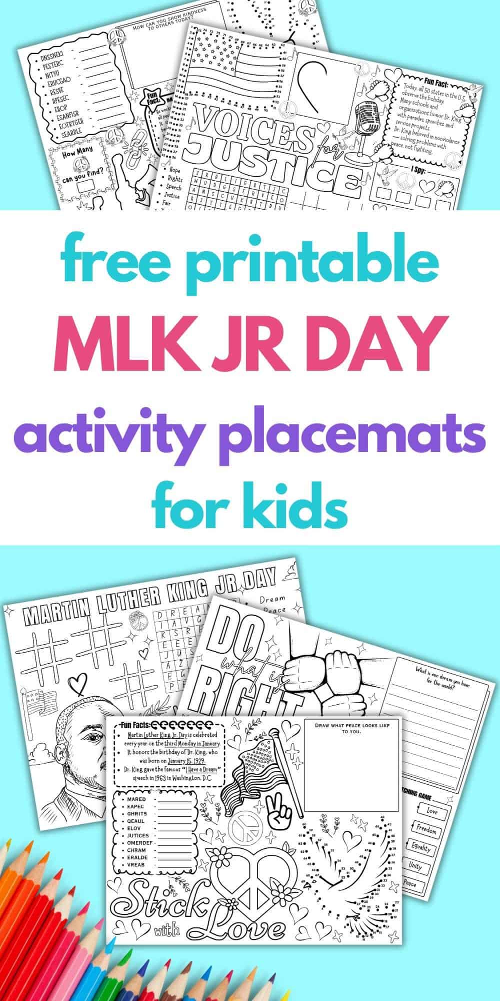 text "free printable MLK Jr Day activity placemats for kids" with a preview of five activity placemat sheets