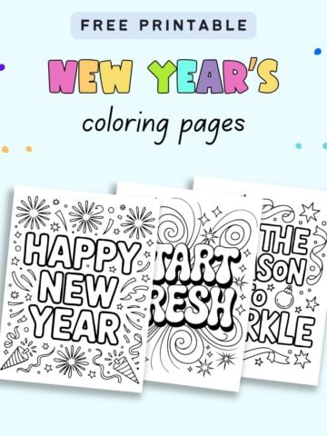 text "free printable New Year's coloring pages" with a preview of three Happy New Year coloring pages