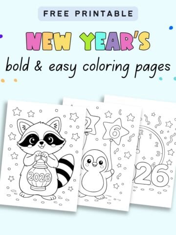 text "free printable new year's bold and easy coloring pages" with three simple designs for 2026 New Year's Eve to color
