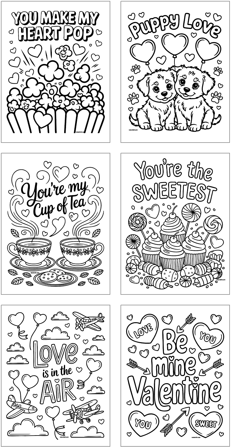 Six valentine coloring pages with. bold, easy designs for kids to color
