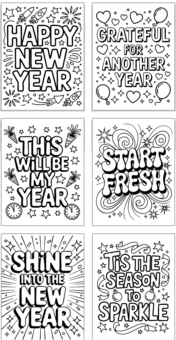 six new year's coloring pages for kids. Each page features large bubble letters to color and firework designs. Words include things like "Happy New Year" and "grateful for another year"