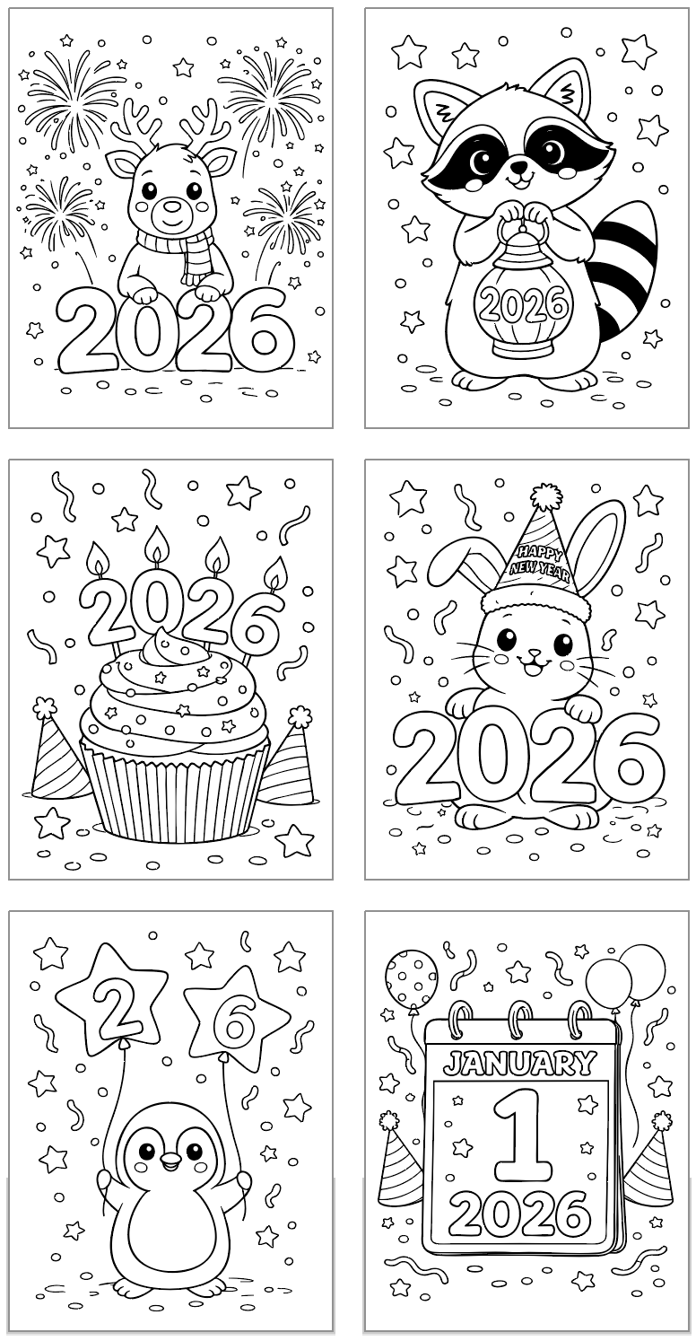six bold and easy style coloring pages for 2026