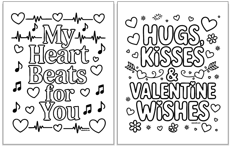 Two valentine coloring pages with. bold, easy designs for kids to color