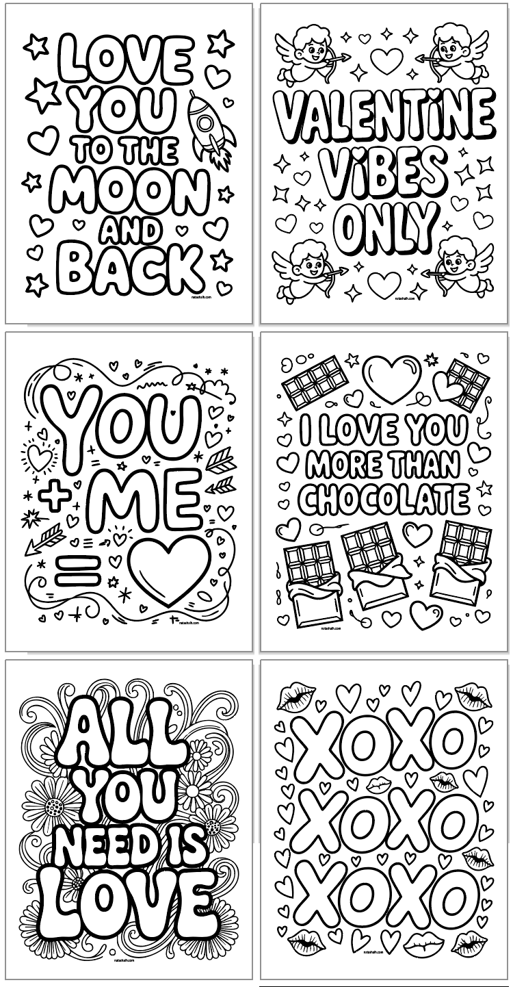 Six valentine coloring pages with. bold, easy designs for kids to color