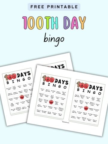 text "100th day bingo" with a preview of two cards of printable bingo sheets