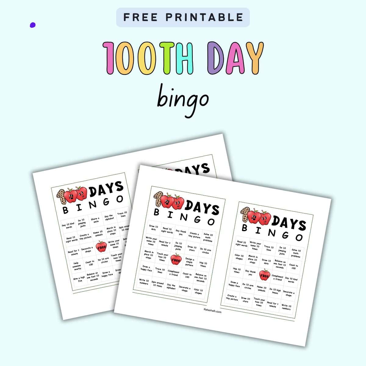 text "100th day bingo" with a preview of two cards of printable bingo sheets 