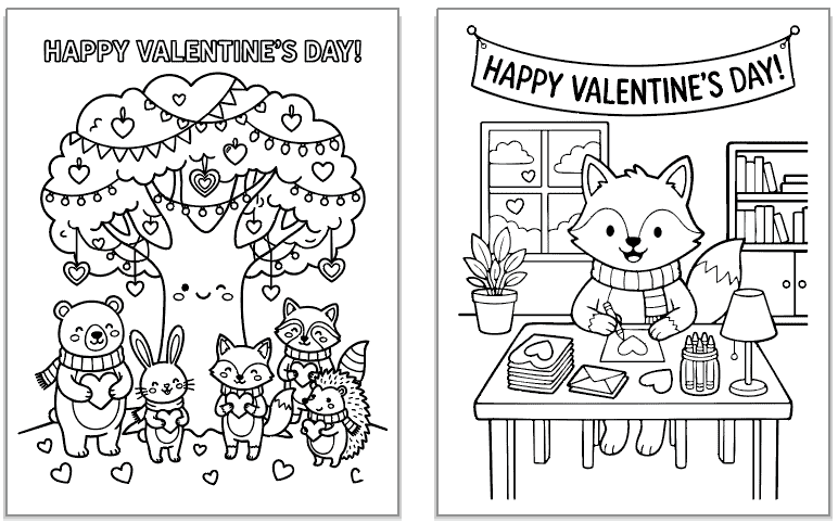 two valentines coloring pages showing cute animals celebrating Valentines day