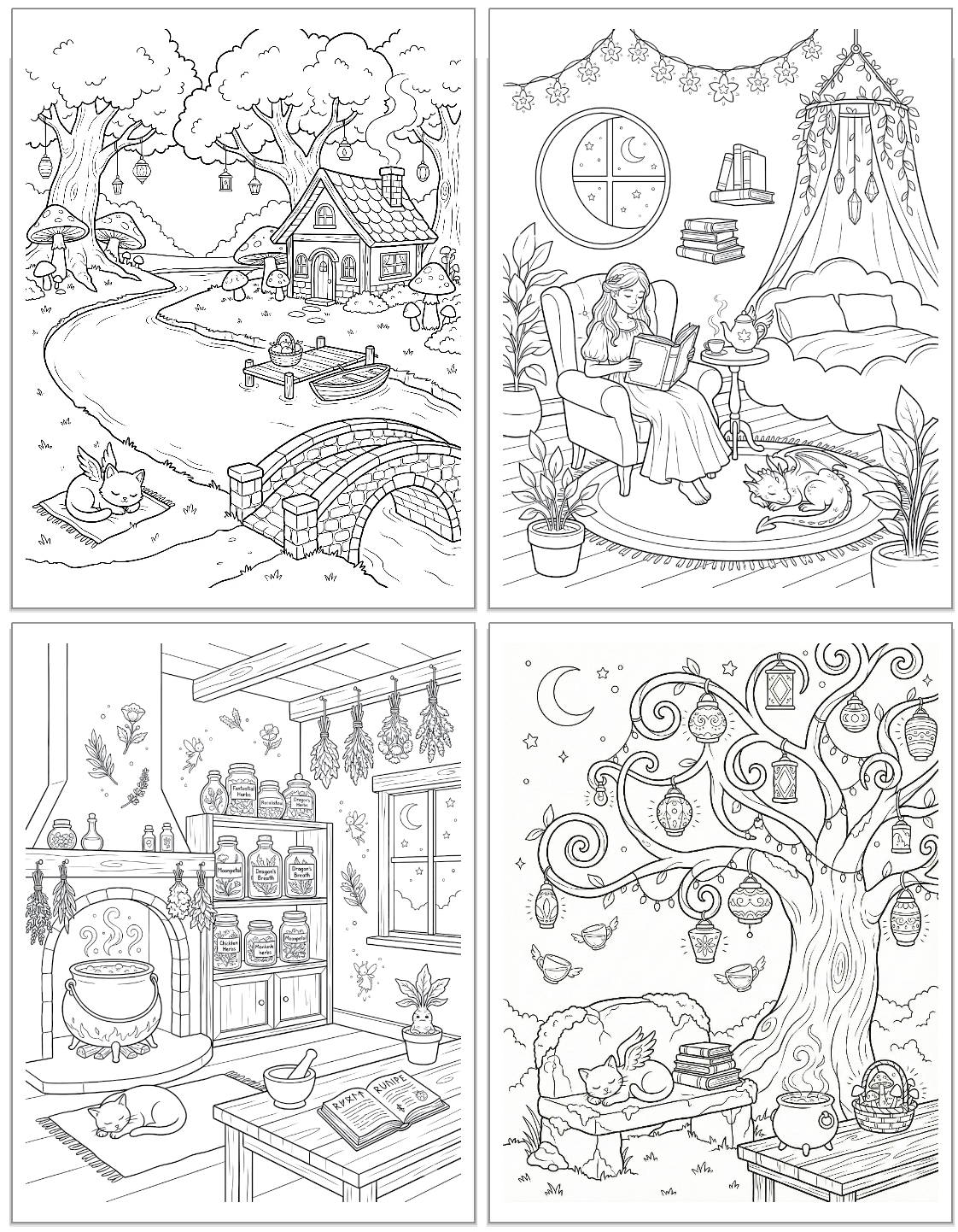 four cozy fantasy coloring pages featuring cats, tea, and comforting situations