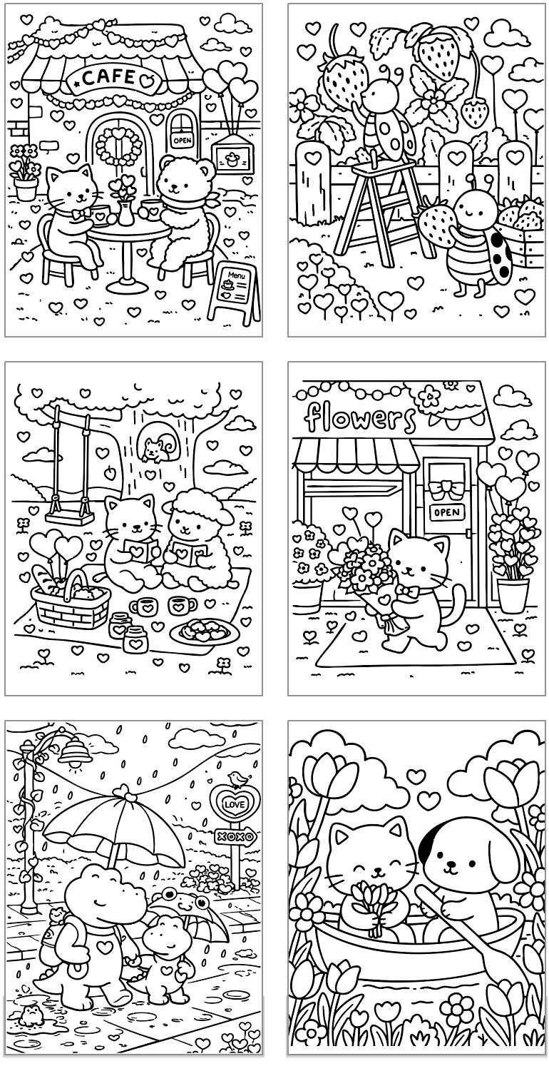 six coloring pages in the fuzzy hygge style showing cute animals in Valentine's Day situations