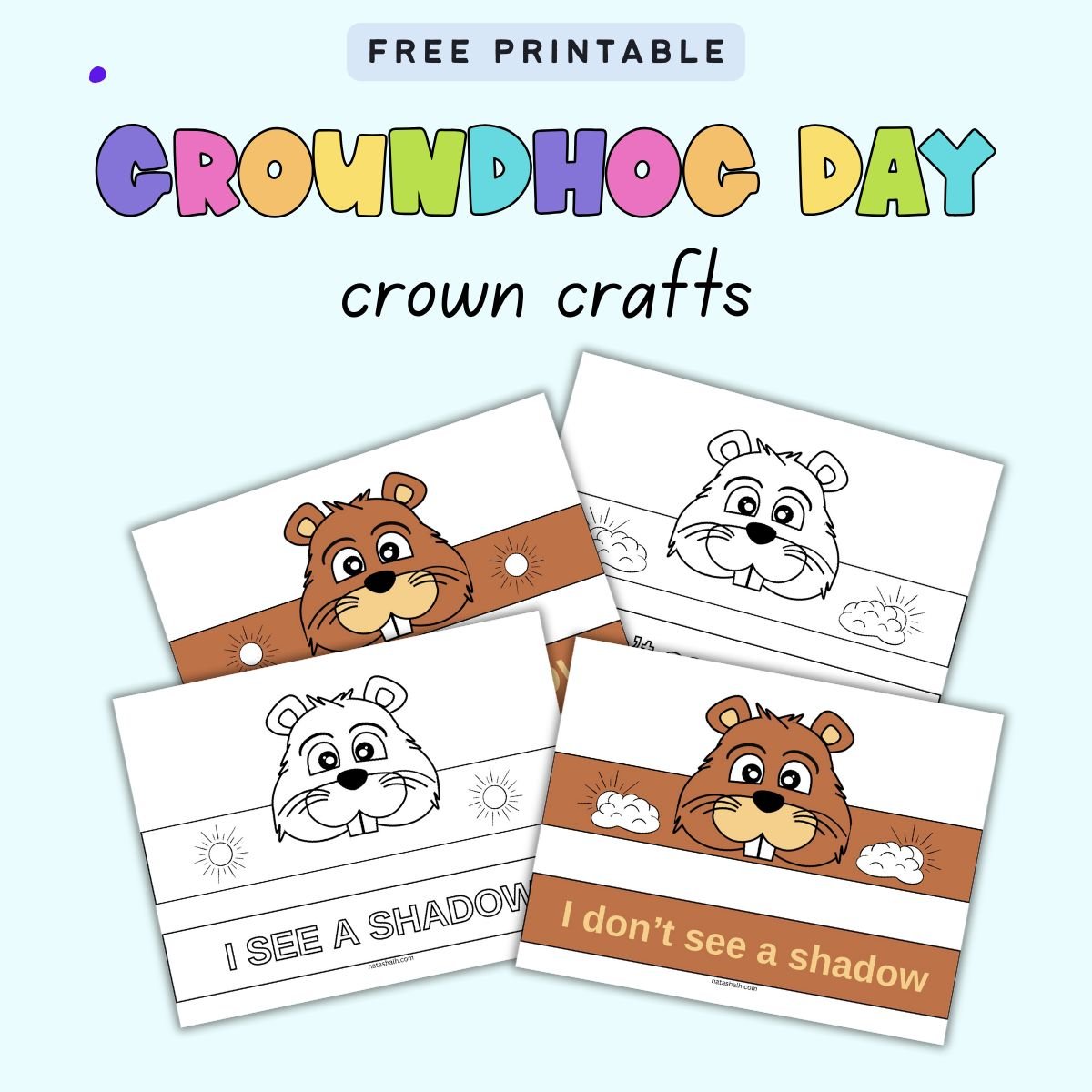 text "free printable Groundhog Day crown crafts" with an image of four paper crown crafts for kids