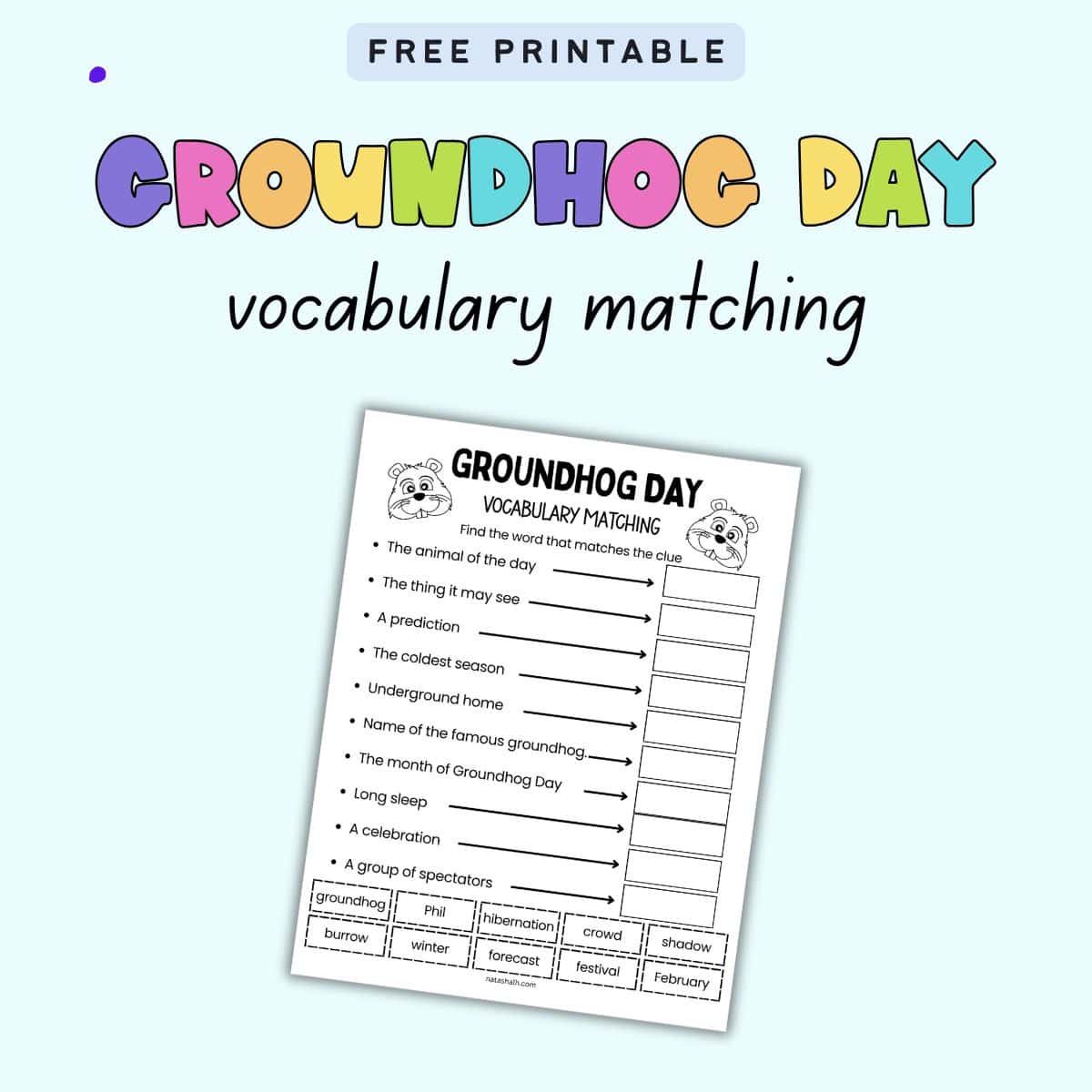 text "free printable Groundhog Day vocabulary matching" 