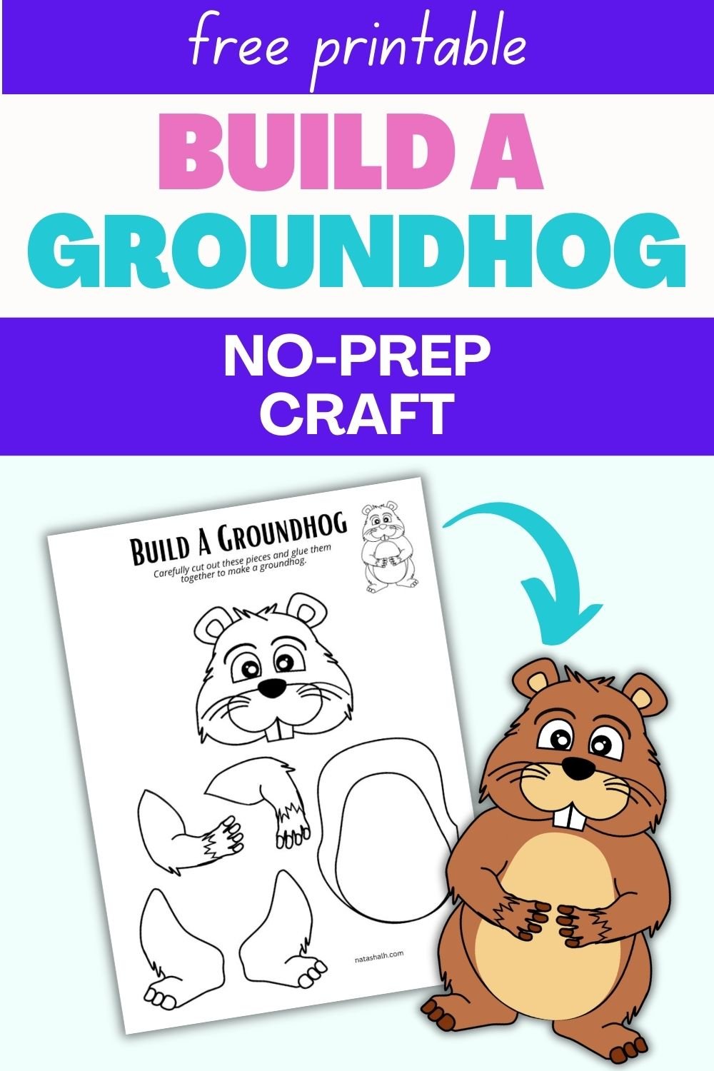 text "free printable build a groundhog no prep craft" with a preview of a groundhog craft template