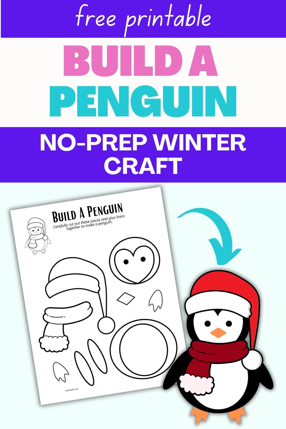 text "free printable build a penguin no prep craft for winter" with a preview of a printable penguin craft