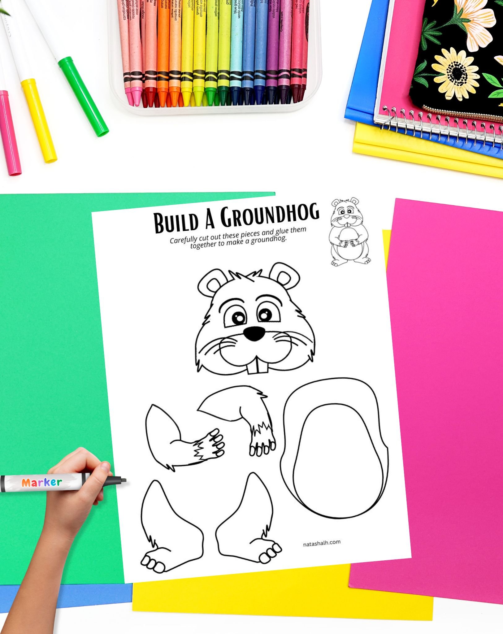 a child's hand with a marker preparing to color a cut and paste groundhog craft