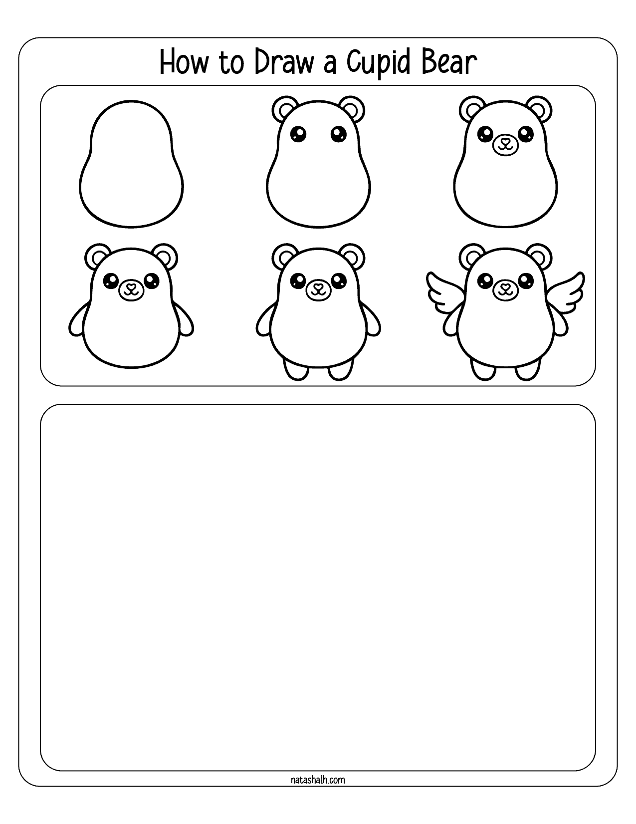 A step-by-step guide illustrating how to draw a Cupid bear for kids, featuring simple shapes and lines.