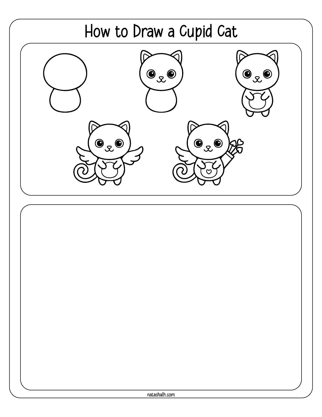 A step-by-step guide illustrating how to draw a cupid cat, featuring basic shapes that culminate in a complete drawing suitable for kids.