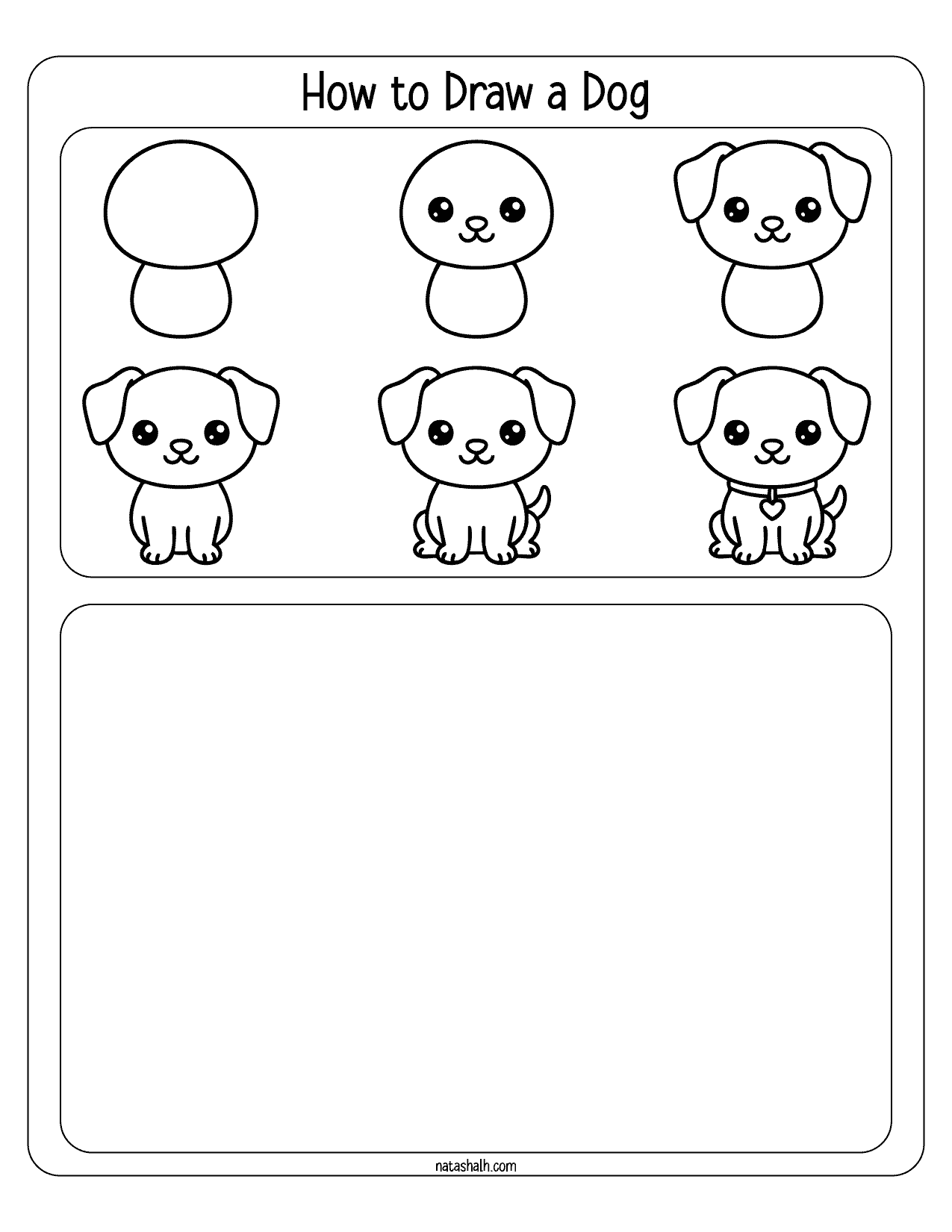A step-by-step guided drawing template illustrating how to draw a dog, designed for kids and featuring progression from simple shapes to a completed dog illustration.