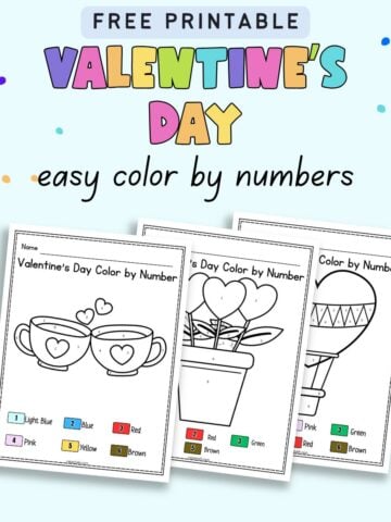 text "Free printable Valentine's Day easy door by numbers" with a preview of three color by number pages