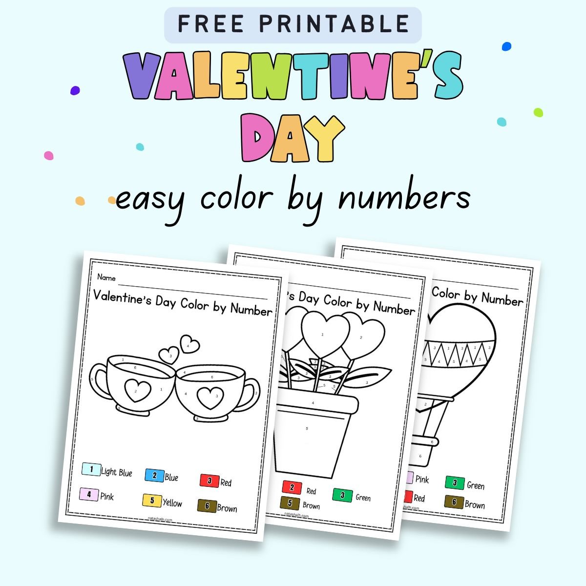 text "Free printable Valentine's Day easy door by numbers" with a preview of three color by number pages