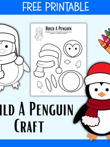 text "free printable build a penguin craft" with a preview of a build a penguin template