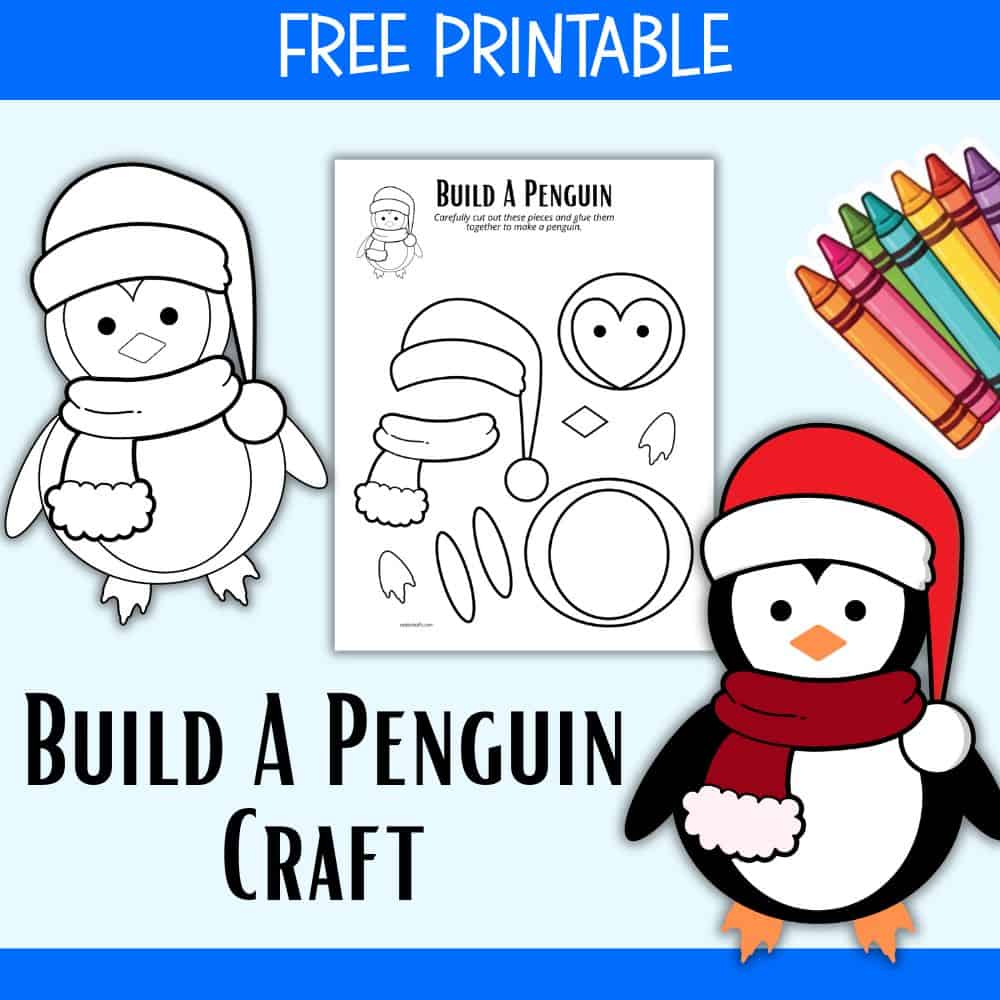 text "free printable build a penguin craft" with a preview of a build a penguin template